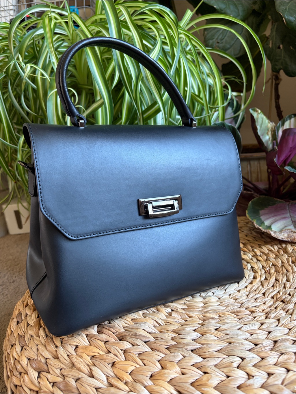 Cielo Black Italian Smooth Full-Grain Leather Top-Handle Satchel